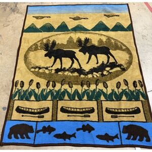 Vtg San Marcos Hi Pile 55x70  Wildlife Nature Moose Bears Fish Cabin Blanket USA